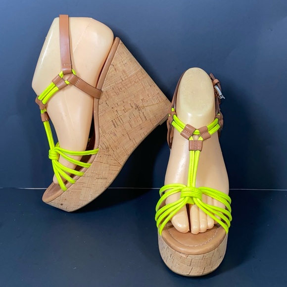 Coach Georgiana Sandal Cork Wedge Heel Neon Yellow Straps - Picture 1 of 11